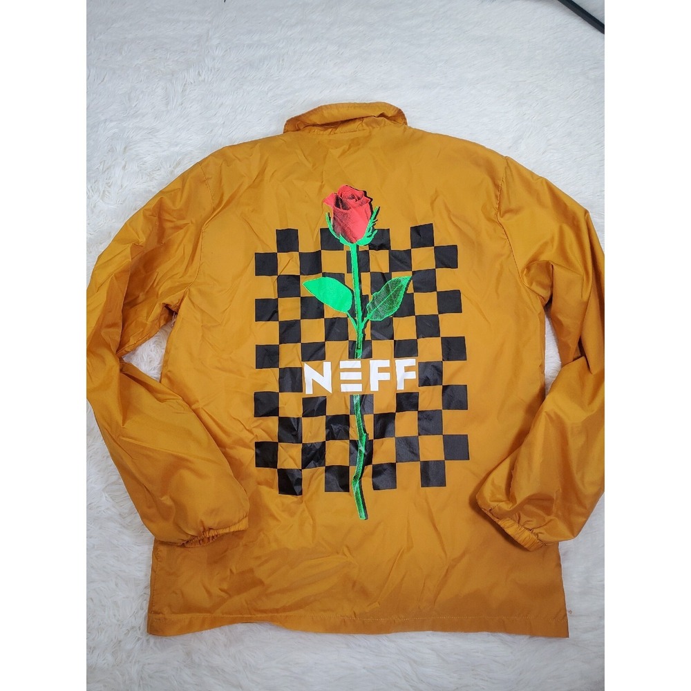 NEFF Skater Jacket Mens Large Windbreaker Rose Checkers Yellow Button Up‎ Coat